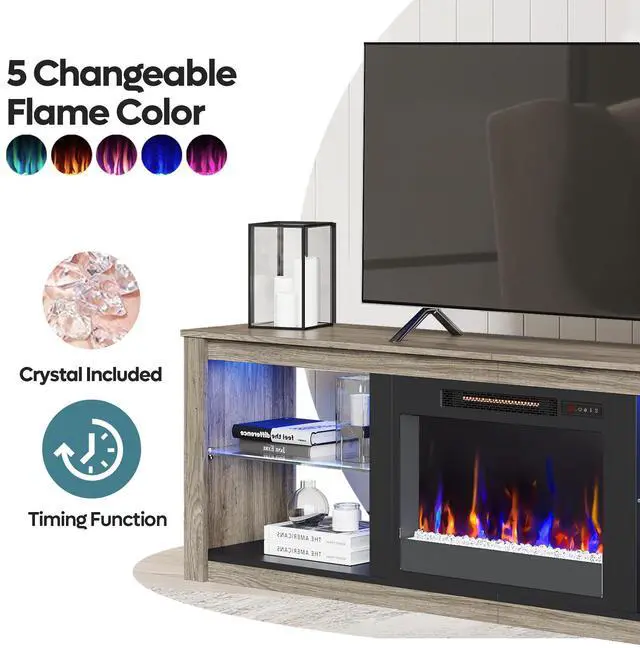 Alt view image 6 of 7 - Bestier Fireplace Tv Stand with LED Glass Shelves Media Console Entertainment Gaming Center Heater Inside for Up to 75" Tvs Gray