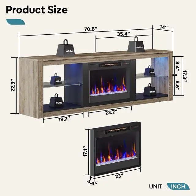 Alt view image 4 of 7 - Bestier Fireplace Tv Stand with LED Glass Shelves Media Console Entertainment Gaming Center Heater Inside for Up to 75" Tvs Gray