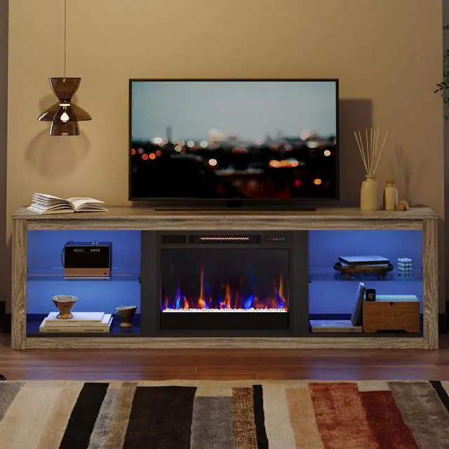 Alt view image 7 of 7 - Bestier Fireplace Tv Stand with LED Glass Shelves Media Console Entertainment Gaming Center Heater Inside for Up to 75" Tvs Gray