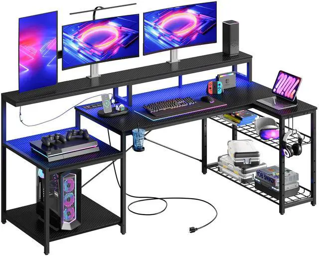 Alt view image 6 of 7 - Bestier 71.5 Dual Monitor Gaming Desk with LED Lights, Power Outlets & Ergonomic Stand, L-Shaped Corner Desk for Office or Gaming Room, Black