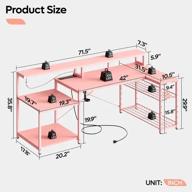 Alt view image 3 of 7 - Bestier 71.5 L Shaped Computer Desk with LED, Corner Gaming Desk with Power Outlet,Pink