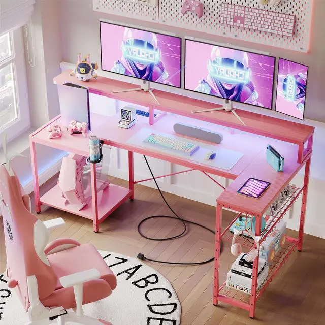 Alt view image 4 of 7 - Bestier 71.5 L Shaped Computer Desk with LED, Corner Gaming Desk with Power Outlet,Pink
