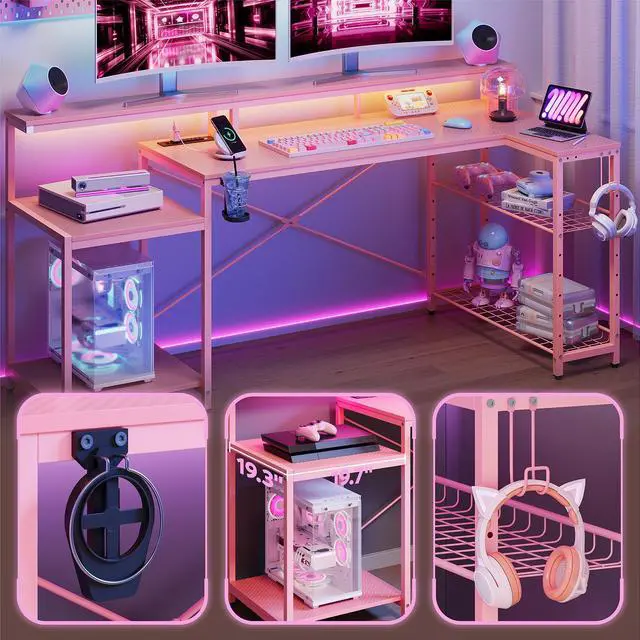 Alt view image 5 of 7 - Bestier 71.5 L Shaped Computer Desk with LED, Corner Gaming Desk with Power Outlet,Pink