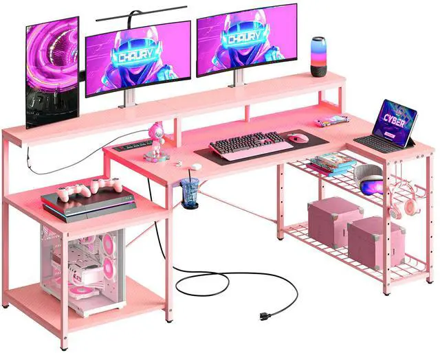 Alt view image 2 of 7 - Bestier 71.5 L Shaped Computer Desk with LED, Corner Gaming Desk with Power Outlet,Pink