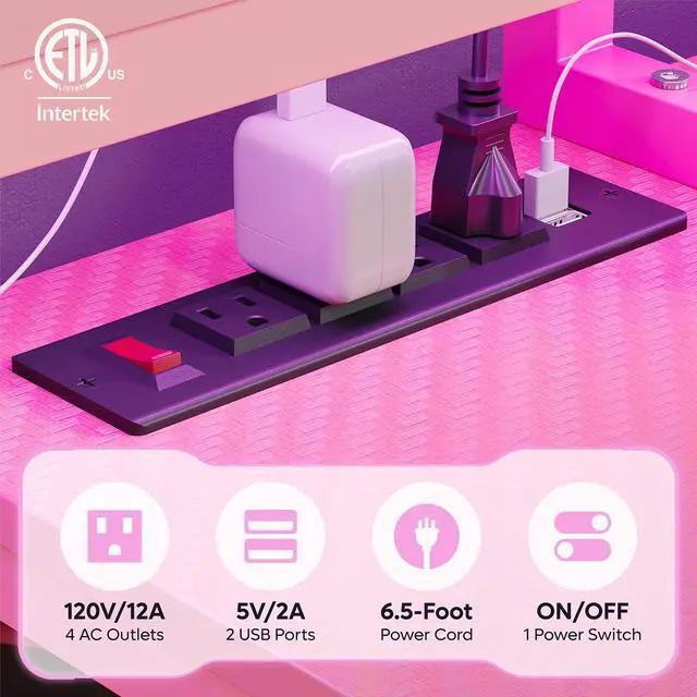 Alt view image 7 of 7 - Bestier 71.5 L Shaped Computer Desk with LED, Corner Gaming Desk with Power Outlet,Pink