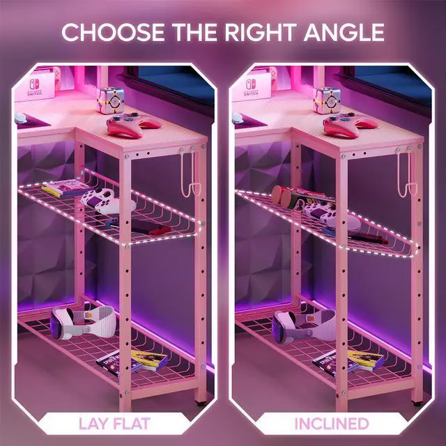 Alt view image 6 of 7 - Bestier 71.5 L Shaped Computer Desk with LED, Corner Gaming Desk with Power Outlet,Pink