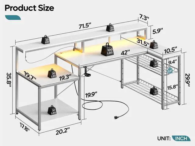 Alt view image 2 of 7 - Bestier 71.5 Dual Monitor Gaming Desk with LED Lights, Power Outlets & Ergonomic Stand, L-Shaped Corner Desk for Office or Gaming Room, White
