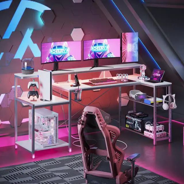 Alt view image 7 of 7 - Bestier 71.5 Dual Monitor Gaming Desk with LED Lights, Power Outlets & Ergonomic Stand, L-Shaped Corner Desk for Office or Gaming Room, White