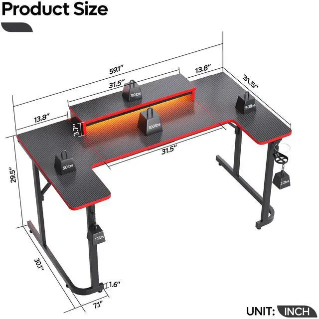 Alt view image 3 of 7 - Bestier 59 U-Shaped Gaming Desk with LED Monitor Stand,Headphone Hooks and Cup Holder,Black