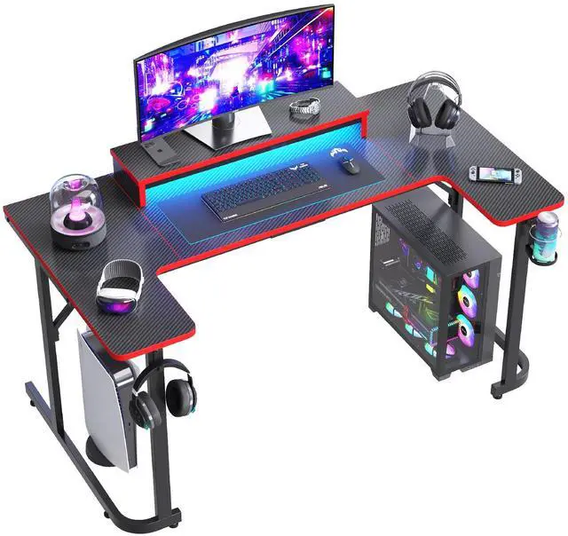 Alt view image 2 of 7 - Bestier 59 U-Shaped Gaming Desk with LED Monitor Stand,Headphone Hooks and Cup Holder,Black