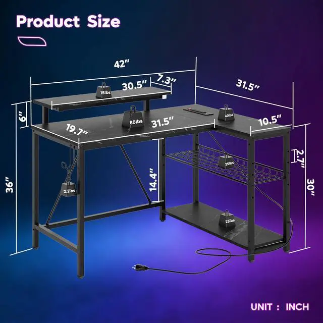 Alt view image 3 of 7 - Bestier 42 L Shaped Computer Desk with LED, Corner Gaming Desk with Power Outlet,Reversible Storage Shelves and Hooks,Black Marble
