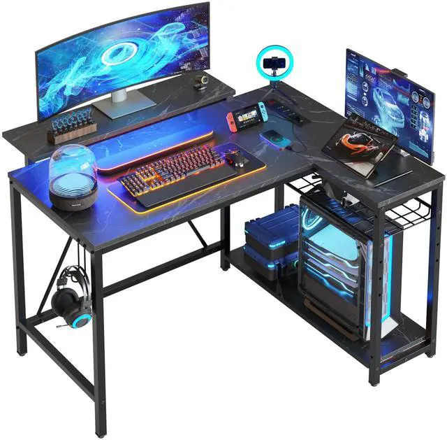 Alt view image 2 of 7 - Bestier 42 L Shaped Computer Desk with LED, Corner Gaming Desk with Power Outlet,Reversible Storage Shelves and Hooks,Black Marble