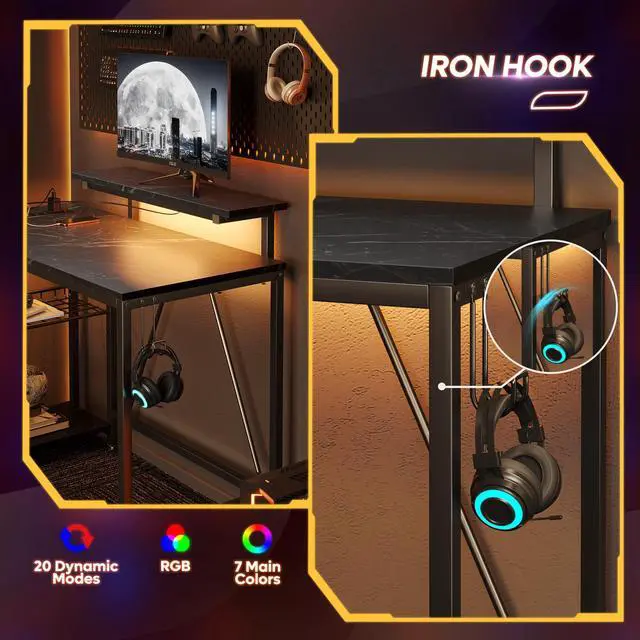 Alt view image 7 of 7 - Bestier 42 L Shaped Computer Desk with LED, Corner Gaming Desk with Power Outlet,Reversible Storage Shelves and Hooks,Black Marble