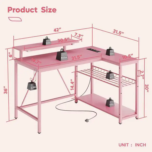 Alt view image 2 of 7 - Bestier 42 L Shaped Computer Desk with LED, Corner Gaming Desk with Power Outlet,Reversible Storage Shelves and Hooks,Pink