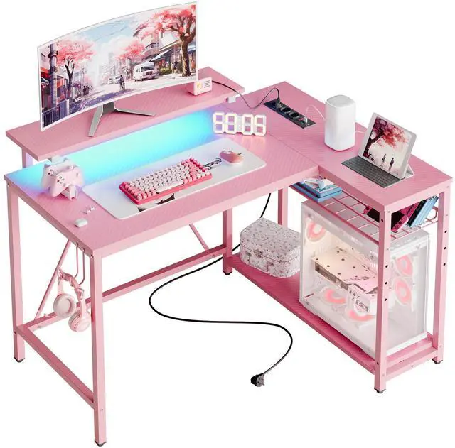 Main image of Bestier 42 L Shaped Computer Desk with LED, Corner Gaming Desk with Power Outlet,Reversible Storage Shelves and Hooks,Pink