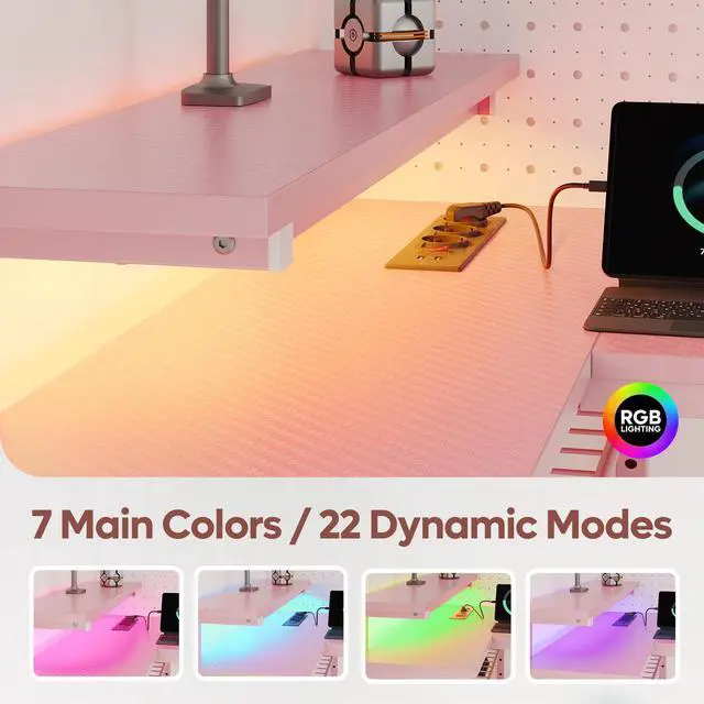 Alt view image 5 of 7 - Bestier 42 L Shaped Computer Desk with LED, Corner Gaming Desk with Power Outlet,Reversible Storage Shelves and Hooks,Pink