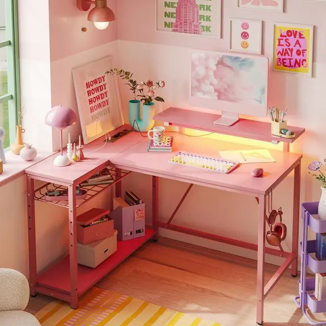 Alt view image 4 of 7 - Bestier 42 L Shaped Computer Desk with LED, Corner Gaming Desk with Power Outlet,Reversible Storage Shelves and Hooks,Pink