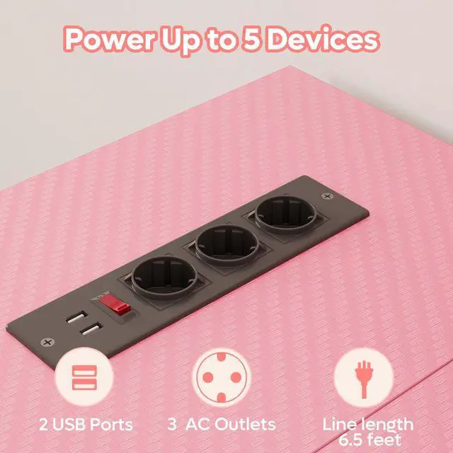 Alt view image 6 of 7 - Bestier 42 L Shaped Computer Desk with LED, Corner Gaming Desk with Power Outlet,Reversible Storage Shelves and Hooks,Pink