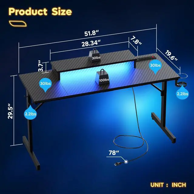 Alt view image 3 of 7 - Bestier 52Computer Desk with LED and Power Outlet,The Desk with Monitor Stand,Headphone Hooks and Cup Holder,Carbon Fiber Black