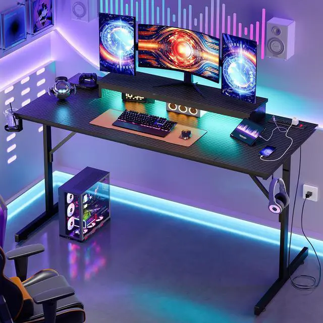 Main image of Bestier 52Computer Desk with LED and Power Outlet,The Desk with Monitor Stand,Headphone Hooks and Cup Holder,Carbon Fiber Black