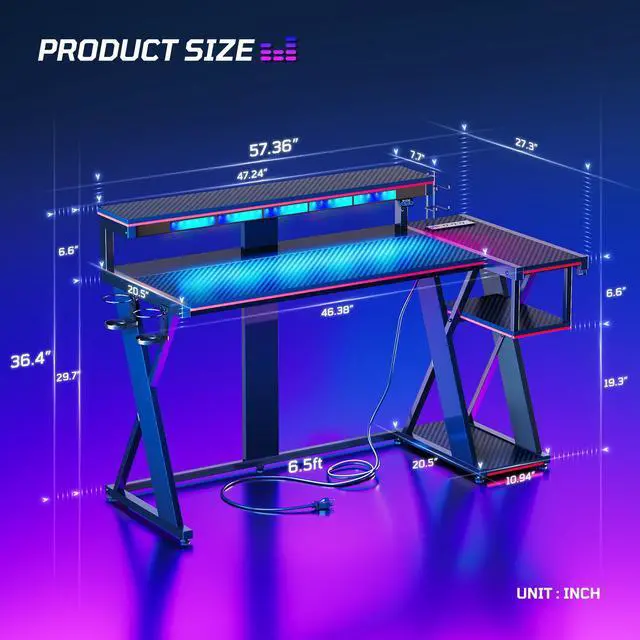 Alt view image 2 of 7 - Bestier 57 L Shaped Gaming Desk with LED Monitor Stand and Power Outlet,Headphone Hooks and Cup Holder,Black