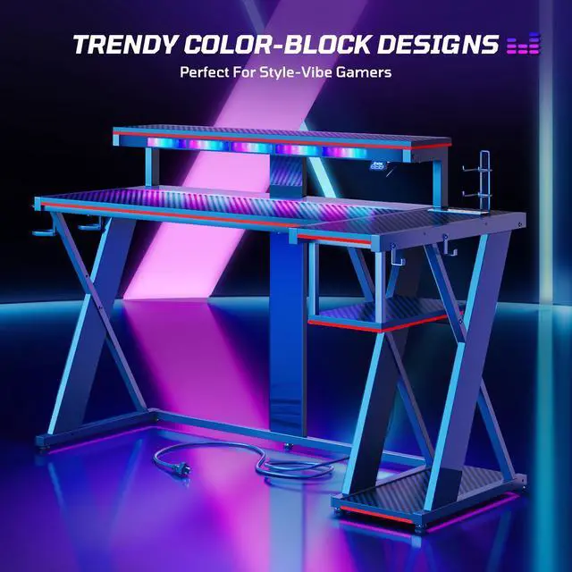 Alt view image 7 of 7 - Bestier 57 L Shaped Gaming Desk with LED Monitor Stand and Power Outlet,Headphone Hooks and Cup Holder,Black