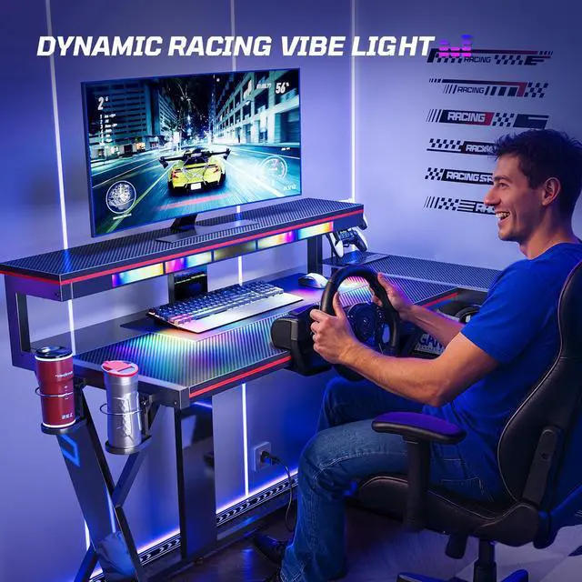 Alt view image 3 of 7 - Bestier 57 L Shaped Gaming Desk with LED Monitor Stand and Power Outlet,Headphone Hooks and Cup Holder,Black