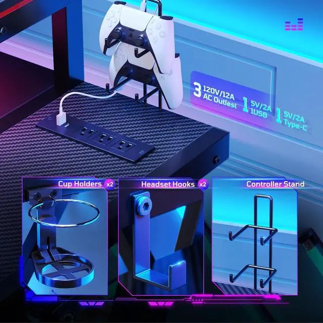 Alt view image 4 of 7 - Bestier 57 L Shaped Gaming Desk with LED Monitor Stand and Power Outlet,Headphone Hooks and Cup Holder,Black