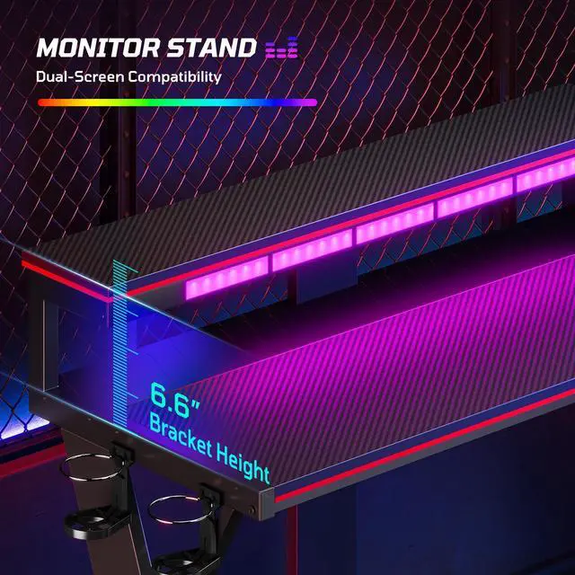 Alt view image 5 of 7 - Bestier 57 L Shaped Gaming Desk with LED Monitor Stand and Power Outlet,Headphone Hooks and Cup Holder,Black