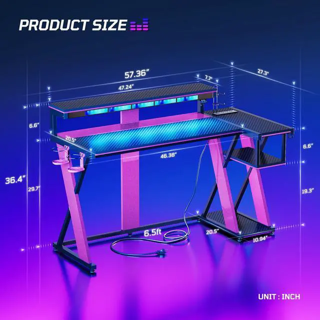 Alt view image 3 of 7 - Bestier 57 L Shaped Gaming Desk with LED Monitor Stand and Power Outlet,Headphone Hooks and Cup Holder,Purple Galaxy