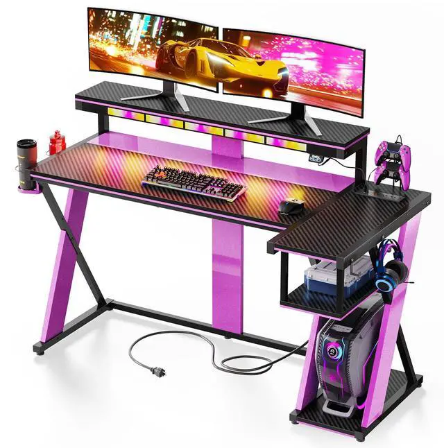Alt view image 2 of 7 - Bestier 57 L Shaped Gaming Desk with LED Monitor Stand and Power Outlet,Headphone Hooks and Cup Holder,Purple Galaxy