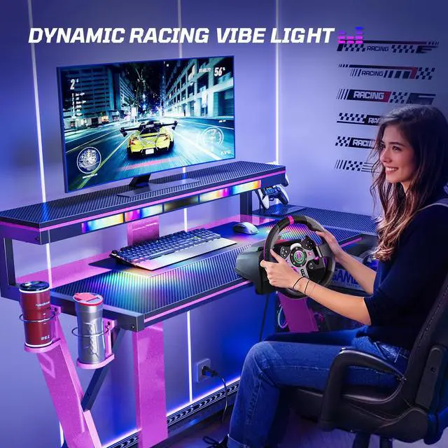 Alt view image 4 of 7 - Bestier 57 L Shaped Gaming Desk with LED Monitor Stand and Power Outlet,Headphone Hooks and Cup Holder,Purple Galaxy