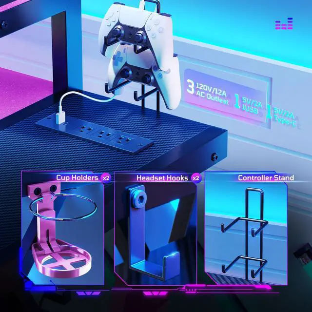 Alt view image 6 of 7 - Bestier 57 L Shaped Gaming Desk with LED Monitor Stand and Power Outlet,Headphone Hooks and Cup Holder,Purple Galaxy