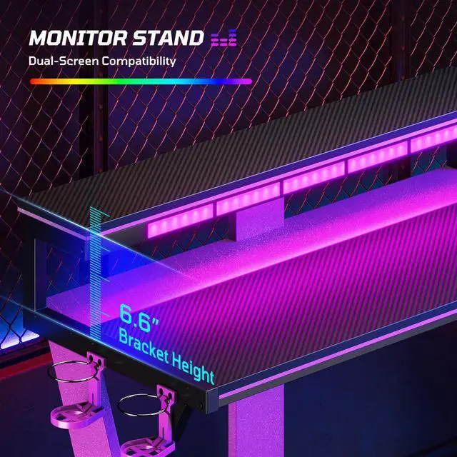 Alt view image 5 of 7 - Bestier 57 L Shaped Gaming Desk with LED Monitor Stand and Power Outlet,Headphone Hooks and Cup Holder,Purple Galaxy