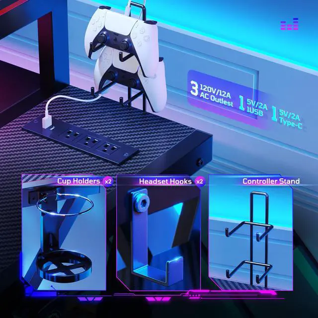 Alt view image 6 of 7 - Bestier 41.6 L Shaped Gaming Desk with LED Monitor Stand and Power Outlet,Headphone Hooks and Cup Holder,Black