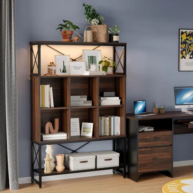 Alt view image 5 of 7 - Bestier 5 Tier Bookshelf Adjustable, Bookcase with 6 Cubes Display Shelves & 3 Wide Open Book Shelves for Living Room, Storage Rack Shelves for Books Decoration Walnut