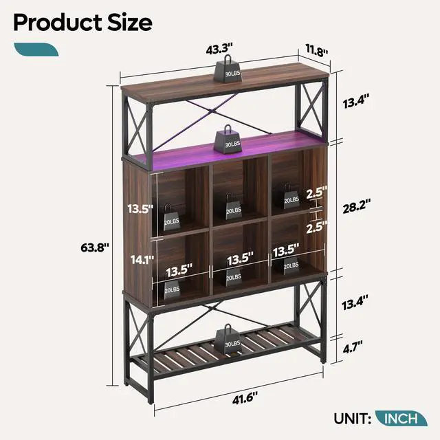 Alt view image 3 of 7 - Bestier 5 Tier Bookshelf Adjustable, Bookcase with 6 Cubes Display Shelves & 3 Wide Open Book Shelves for Living Room, Storage Rack Shelves for Books Decoration Walnut