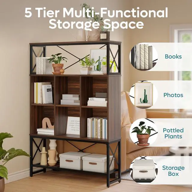 Alt view image 2 of 7 - Bestier 5 Tier Bookshelf Adjustable, Bookcase with 6 Cubes Display Shelves & 3 Wide Open Book Shelves for Living Room, Storage Rack Shelves for Books Decoration Walnut