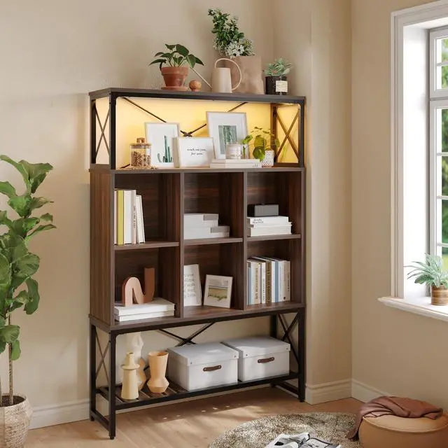 Alt view image 6 of 7 - Bestier 5 Tier Bookshelf Adjustable, Bookcase with 6 Cubes Display Shelves & 3 Wide Open Book Shelves for Living Room, Storage Rack Shelves for Books Decoration Walnut