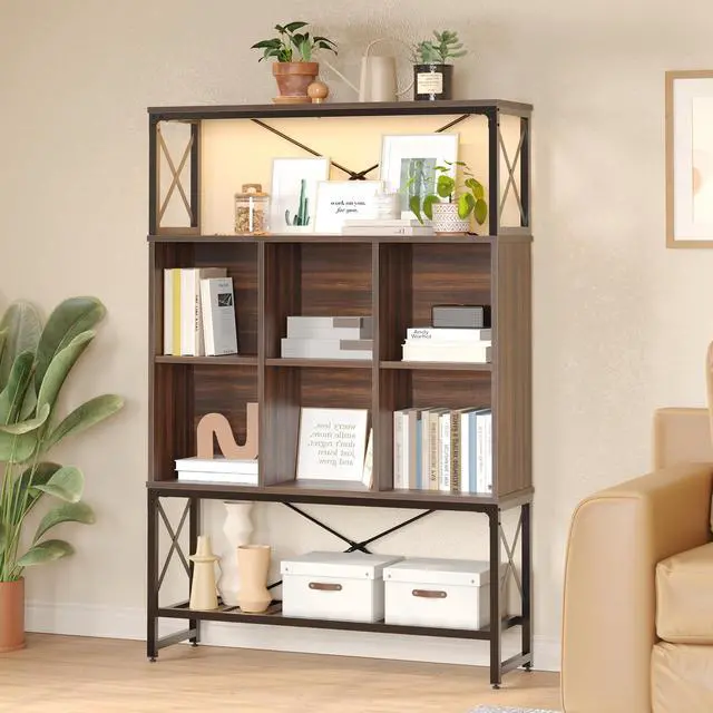 Main image of Bestier 5 Tier Bookshelf Adjustable, Bookcase with 6 Cubes Display Shelves & 3 Wide Open Book Shelves for Living Room, Storage Rack Shelves for Books Decoration Walnut
