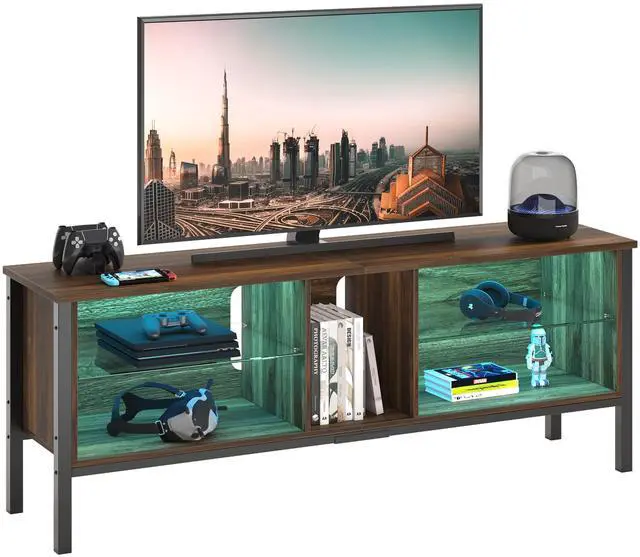 Alt view image 7 of 7 - Bestier 65 inch TV Stands for Living Room,ModernTV Console with Glass Shelves & LED Lights,Entertainment Center with Storage for Bedroom,Walnut