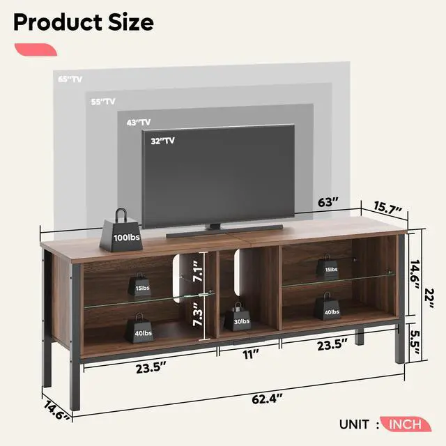 Alt view image 2 of 7 - Bestier 65 inch TV Stands for Living Room,ModernTV Console with Glass Shelves & LED Lights,Entertainment Center with Storage for Bedroom,Walnut