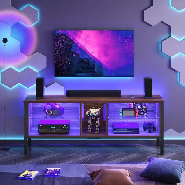 Alt view image 3 of 7 - Bestier 65 inch TV Stands for Living Room,ModernTV Console with Glass Shelves & LED Lights,Entertainment Center with Storage for Bedroom,Walnut