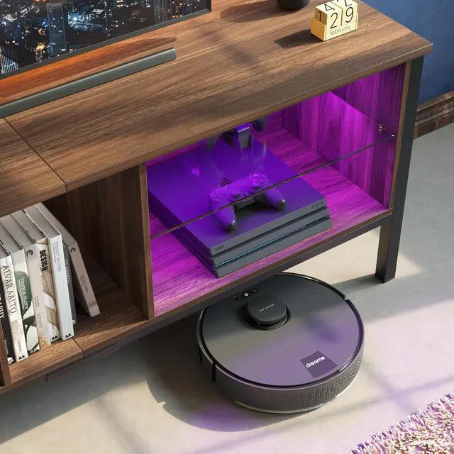 Alt view image 6 of 7 - Bestier 65 inch TV Stands for Living Room,ModernTV Console with Glass Shelves & LED Lights,Entertainment Center with Storage for Bedroom,Walnut
