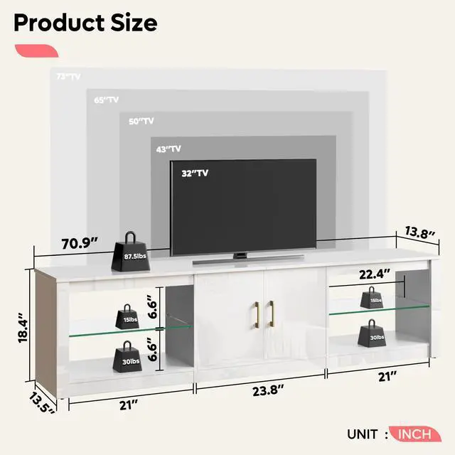 Alt view image 2 of 7 - Bestier 70" LED TV Stand for 75" TV Large Entertainment Center Modern Gaming TV Console Table with Storage Glass Shelves Two Cabinets for Living Room, Bright White
