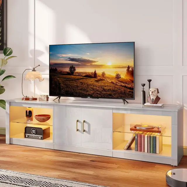 Alt view image 3 of 7 - Bestier 70" LED TV Stand for 75" TV Large Entertainment Center Modern Gaming TV Console Table with Storage Glass Shelves Two Cabinets for Living Room, Bright White