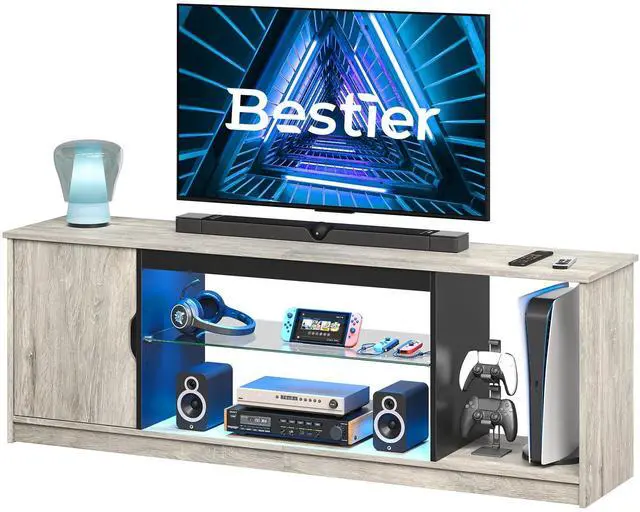 Alt view image 7 of 7 - Bestier 58" LED TV Stand with Glass Shelf & Storage Cabinet, Gaming Entertainment Center for PS5, Fits up to 65 Inch TV, Grey