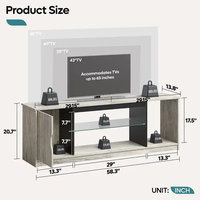 Alt view image 3 of 7 - Bestier 58" LED TV Stand with Glass Shelf & Storage Cabinet, Gaming Entertainment Center for PS5, Fits up to 65 Inch TV, Grey