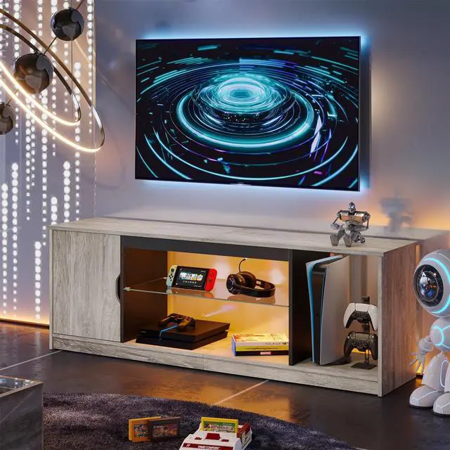 Alt view image 2 of 7 - Bestier 58" LED TV Stand with Glass Shelf & Storage Cabinet, Gaming Entertainment Center for PS5, Fits up to 65 Inch TV, Grey