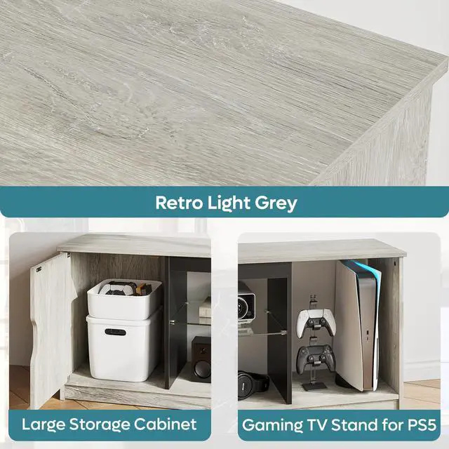 Alt view image 6 of 7 - Bestier 58" LED TV Stand with Glass Shelf & Storage Cabinet, Gaming Entertainment Center for PS5, Fits up to 65 Inch TV, Grey